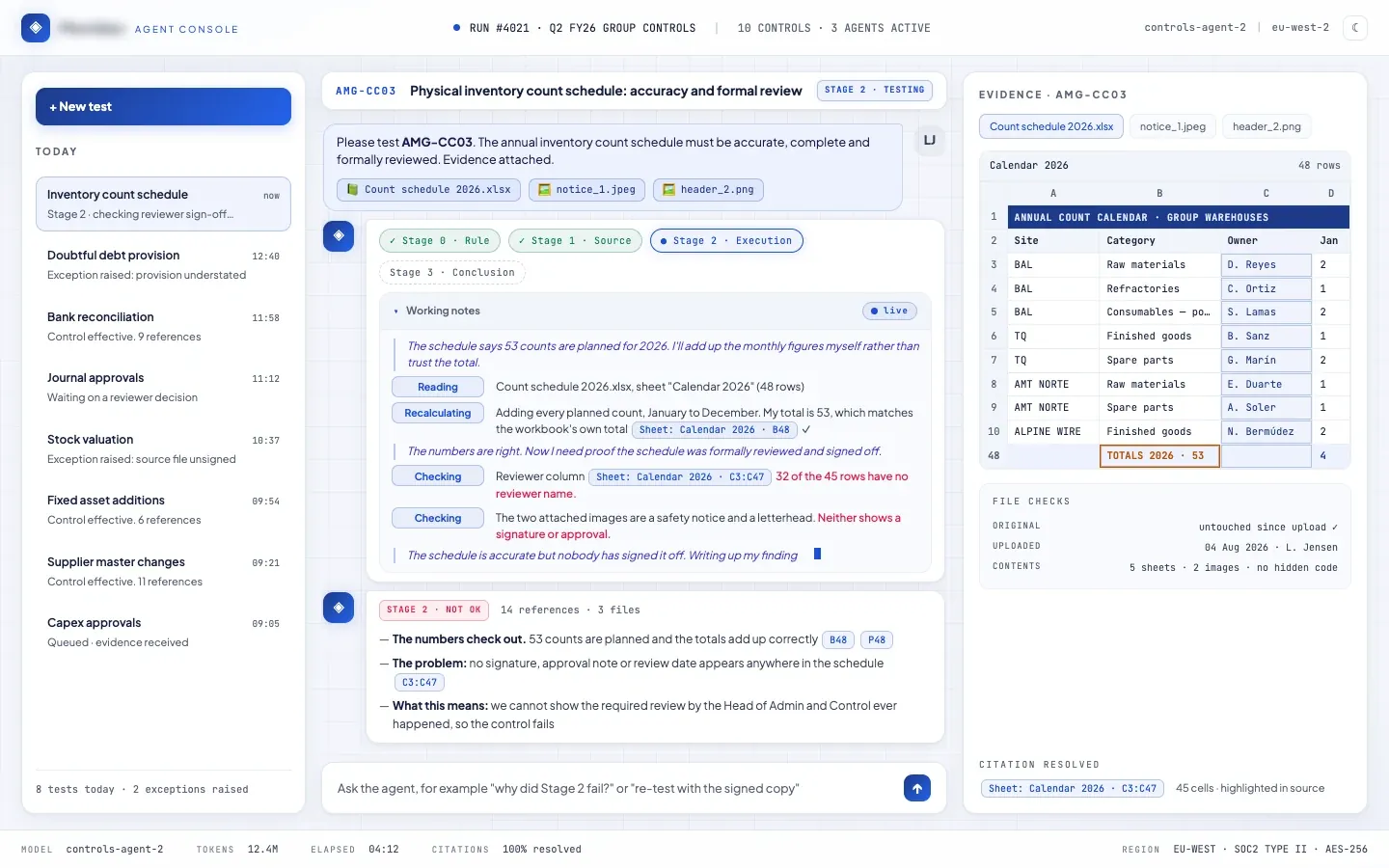 The agent console, an illustrative interface with fictional data: a control under test beside its cited evidence