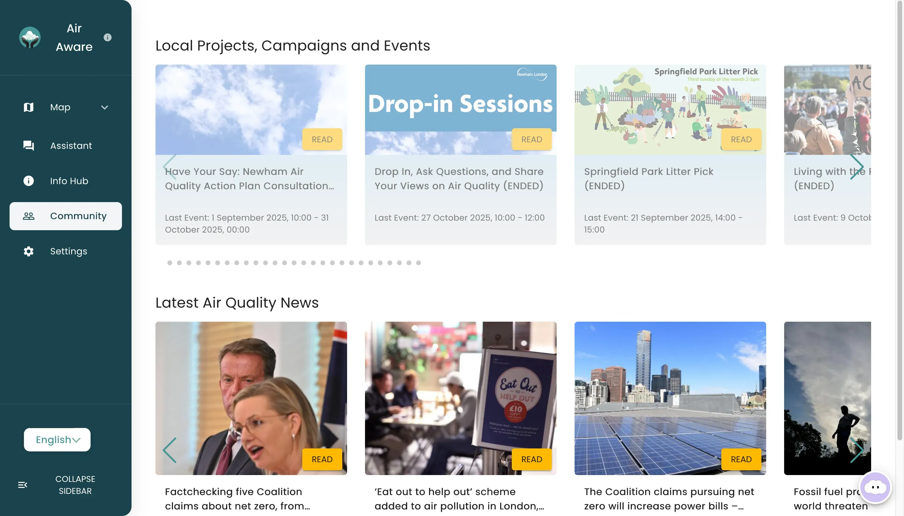 Air Aware community hub showing local projects, campaigns and events with the dates they run