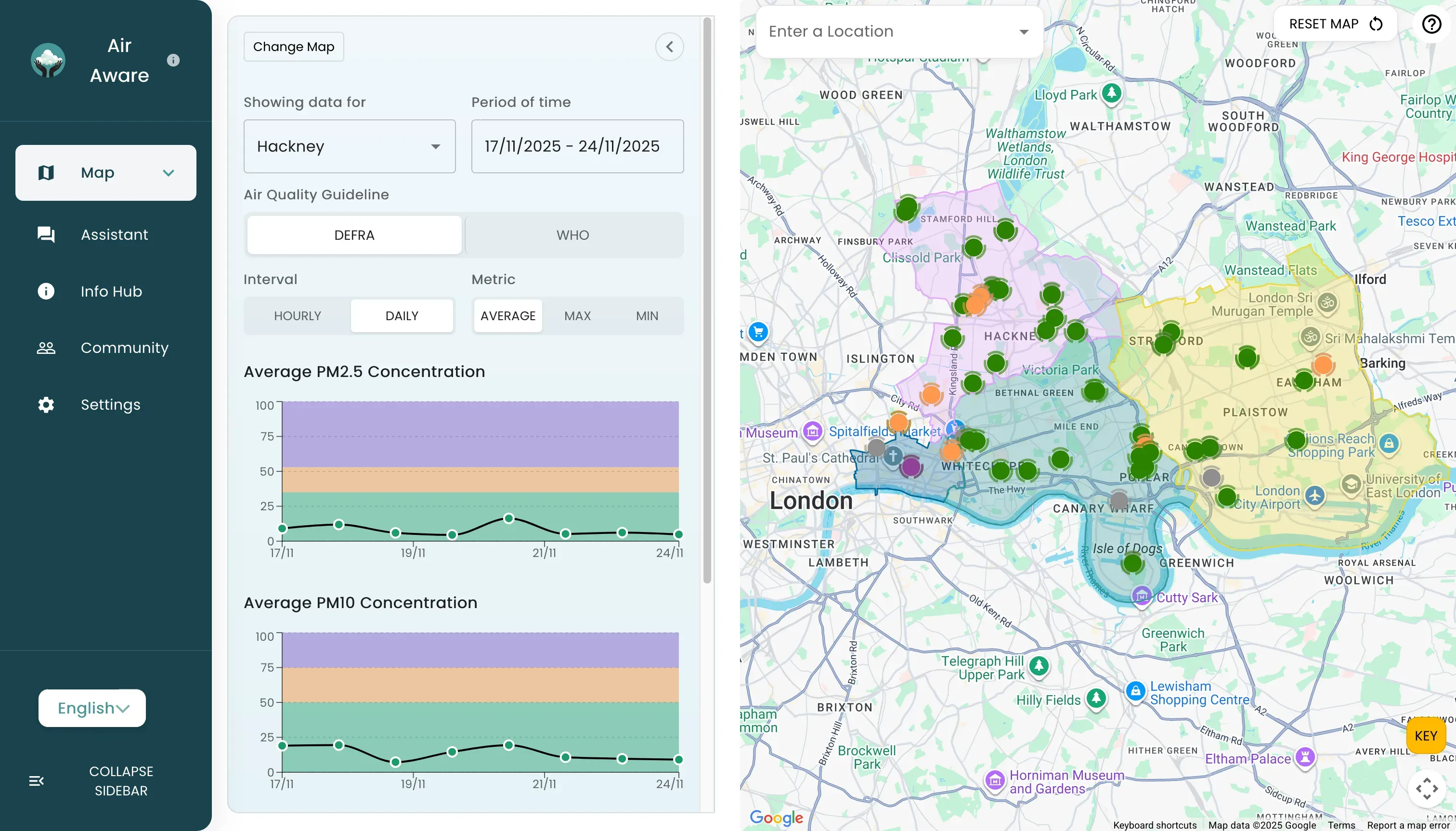 The Air Aware dashboard: a map of London with air quality readings by borough