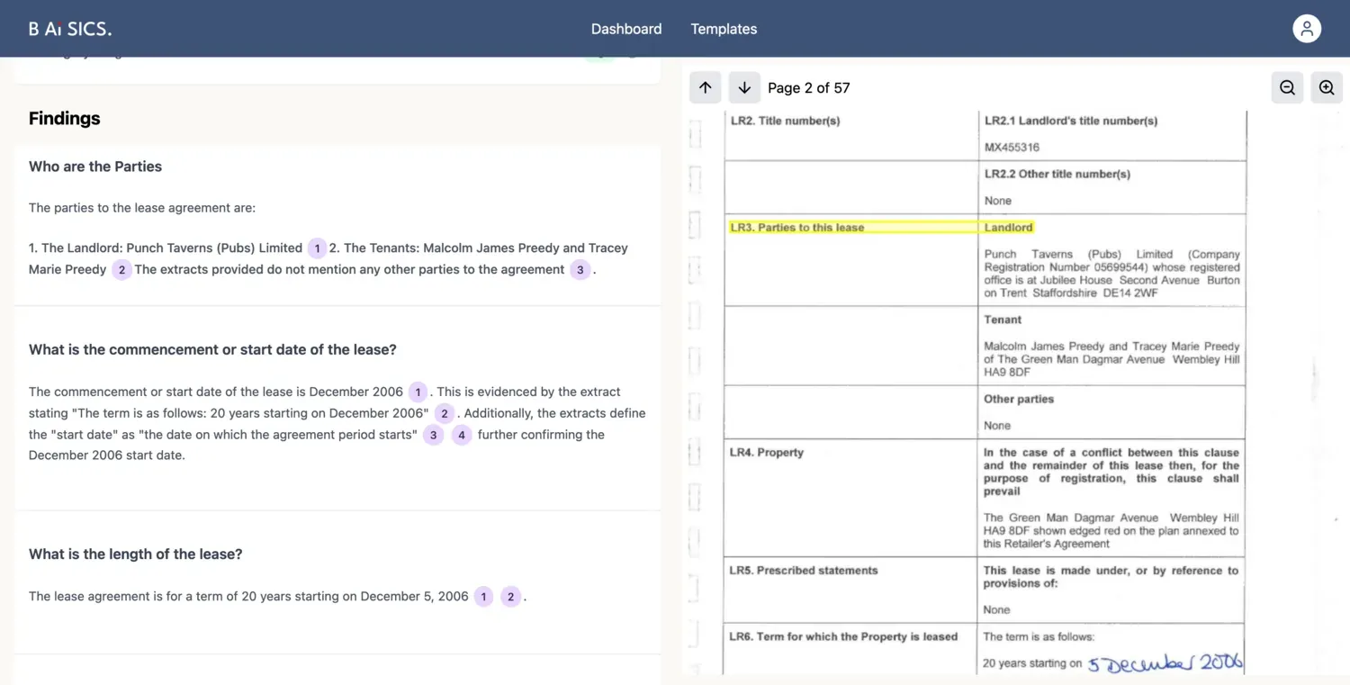 The BAiSICS review screen: extracted findings on the left, the lease page they cite on the right