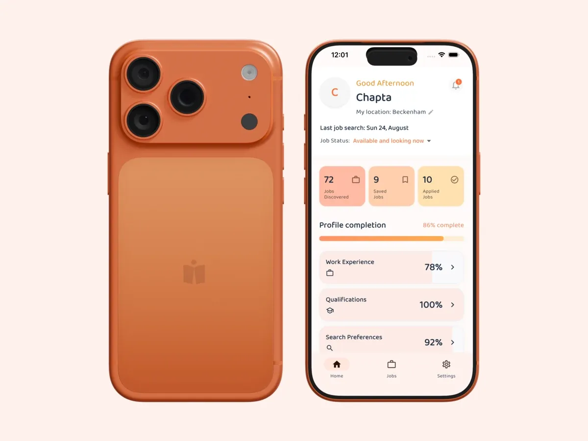 The Chapta candidate app on a phone, showing jobs discovered, saved and applied above a profile completion score