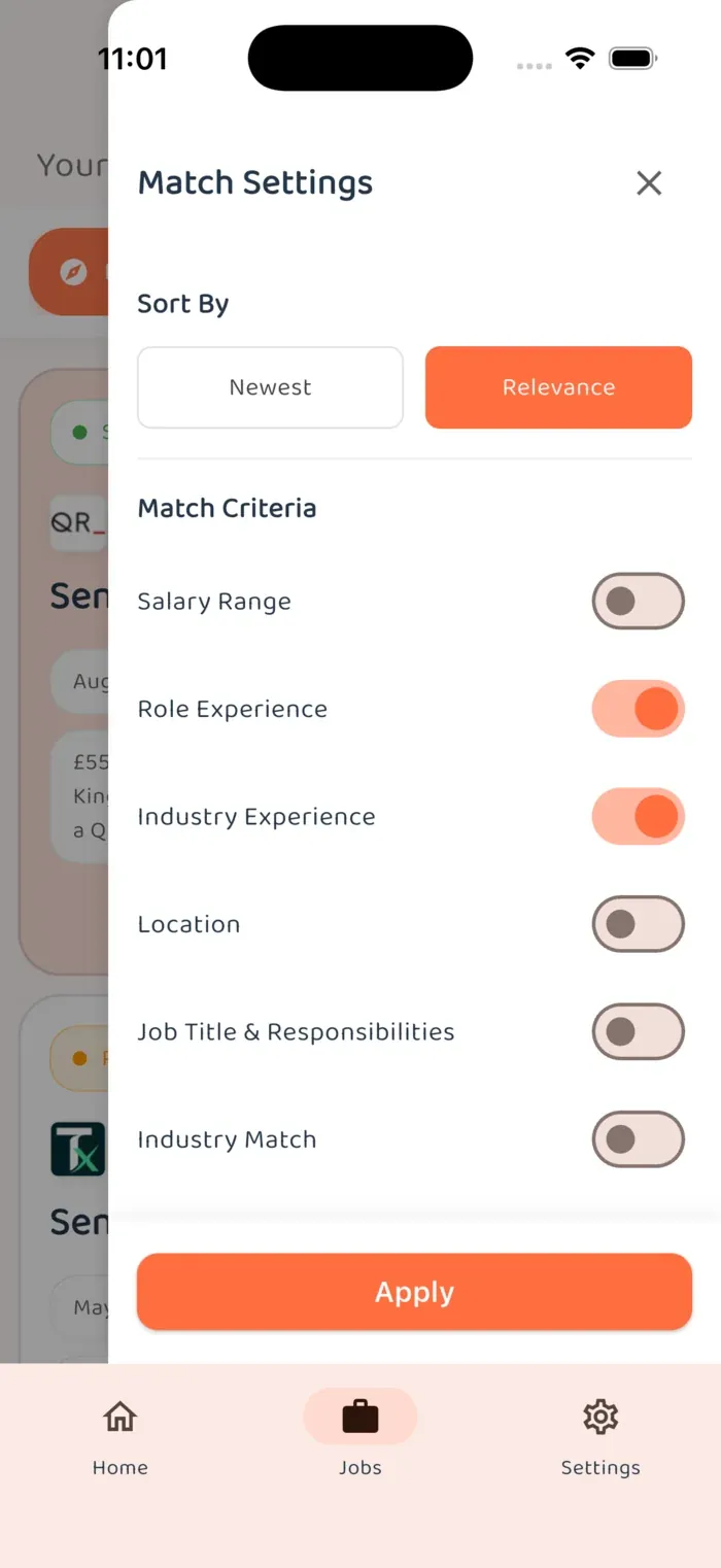 Candidate filters for location, salary, work pattern and role type