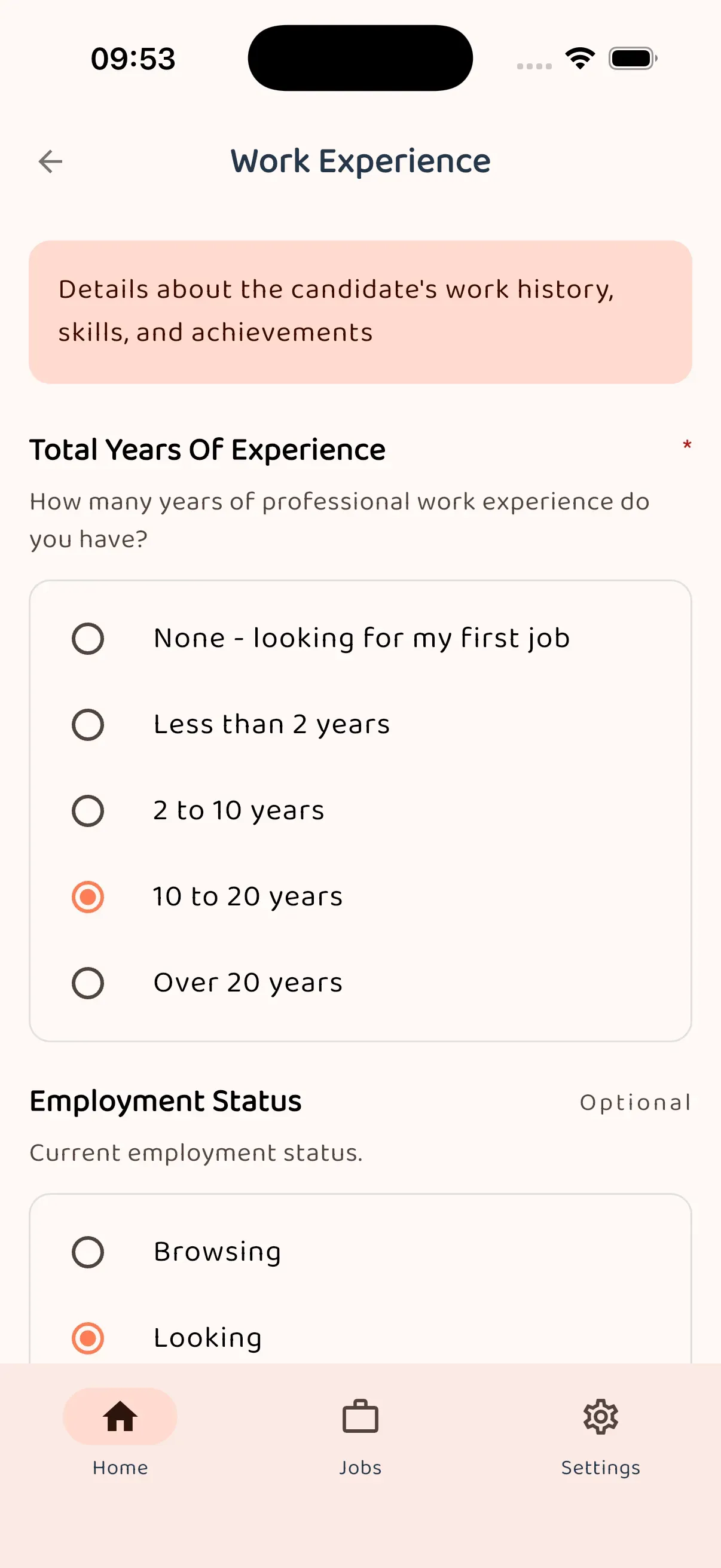 Candidate profile built from the onboarding conversation