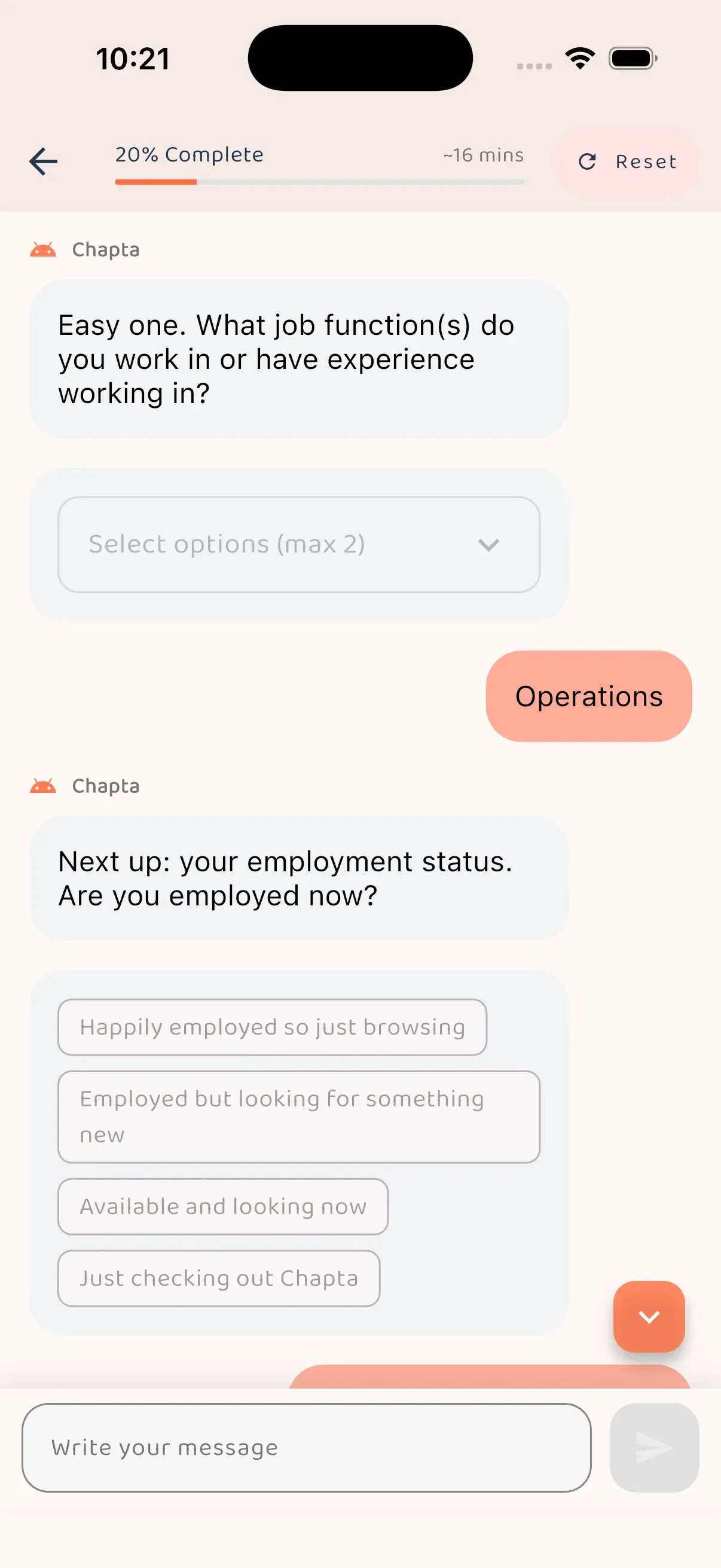 The Chapta onboarding conversation, which draws out a candidate's history and preferences in dialogue instead of a form