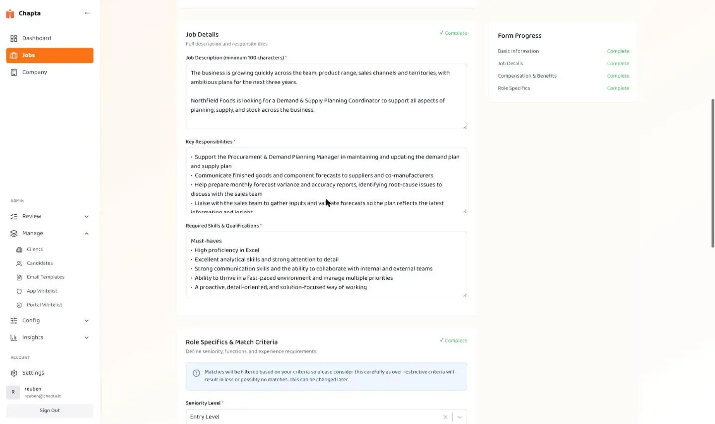 The Chapta job form, showing the role description and the key responsibilities the matching reads against