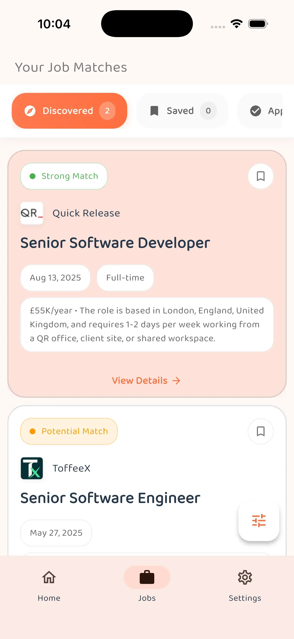 Job discovery feed with personalised matches and status on each card