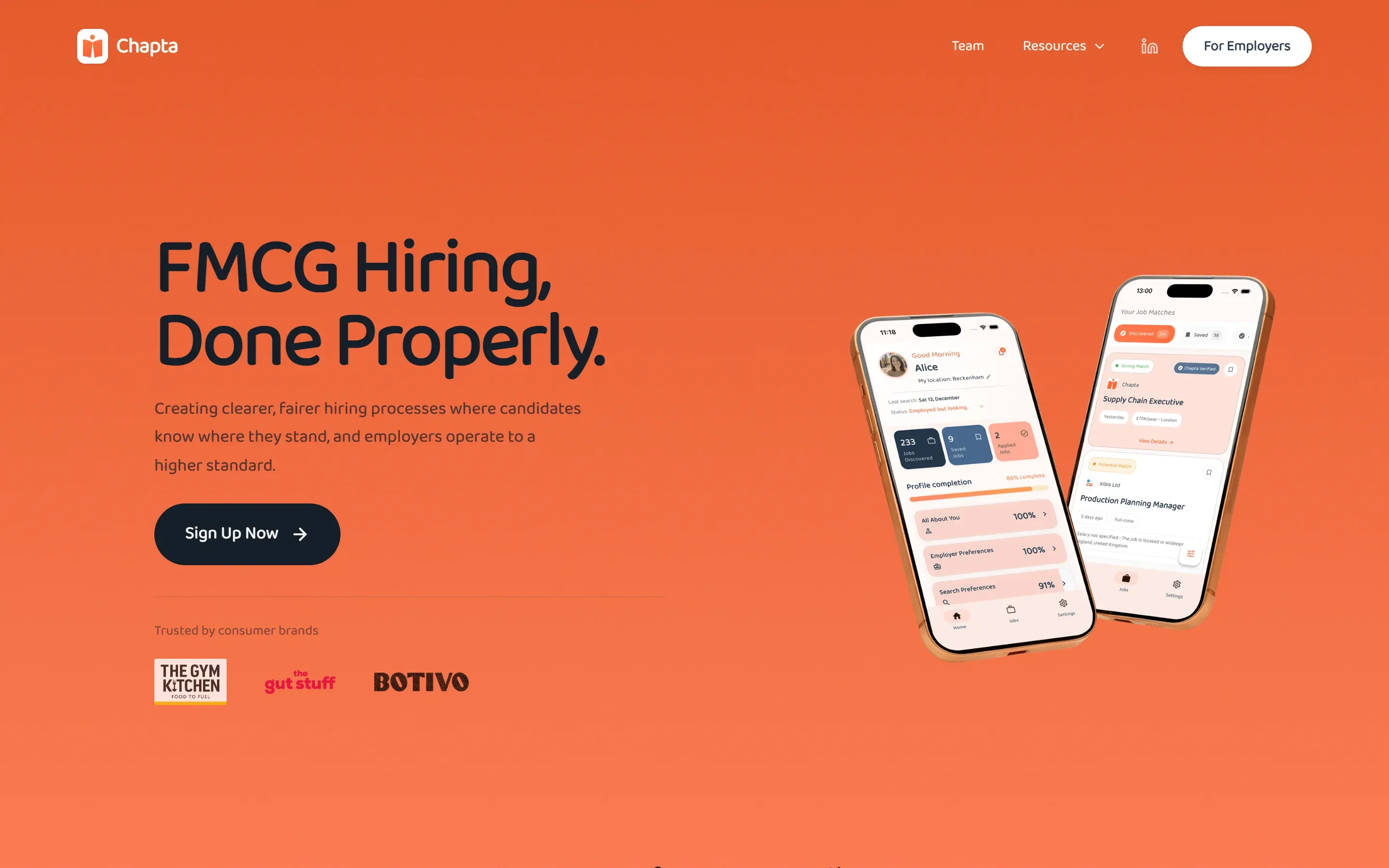 The Chapta hiring platform website, showing candidate matching on two phone screens