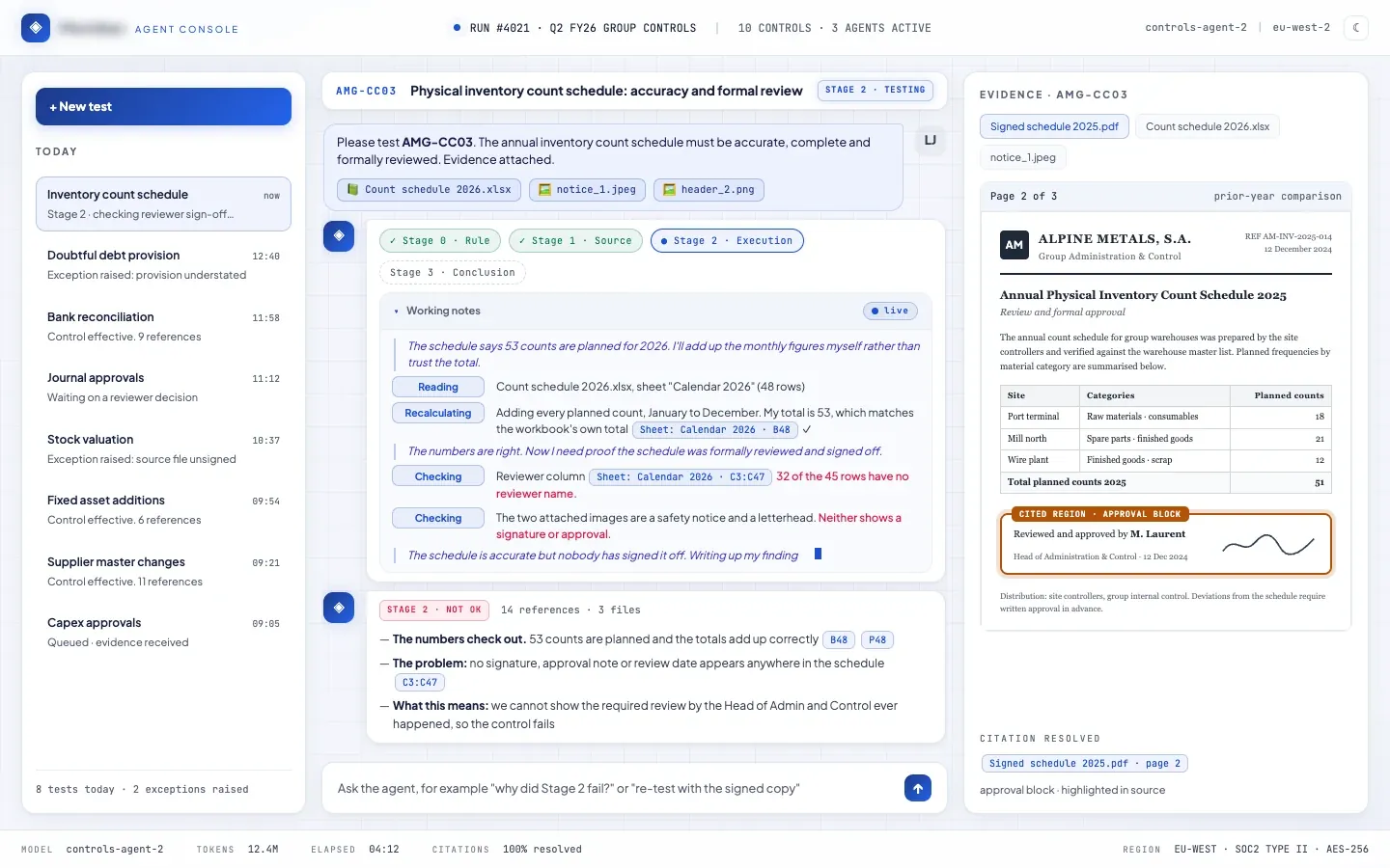 The source document in the agent console with the cited approval block boxed on it