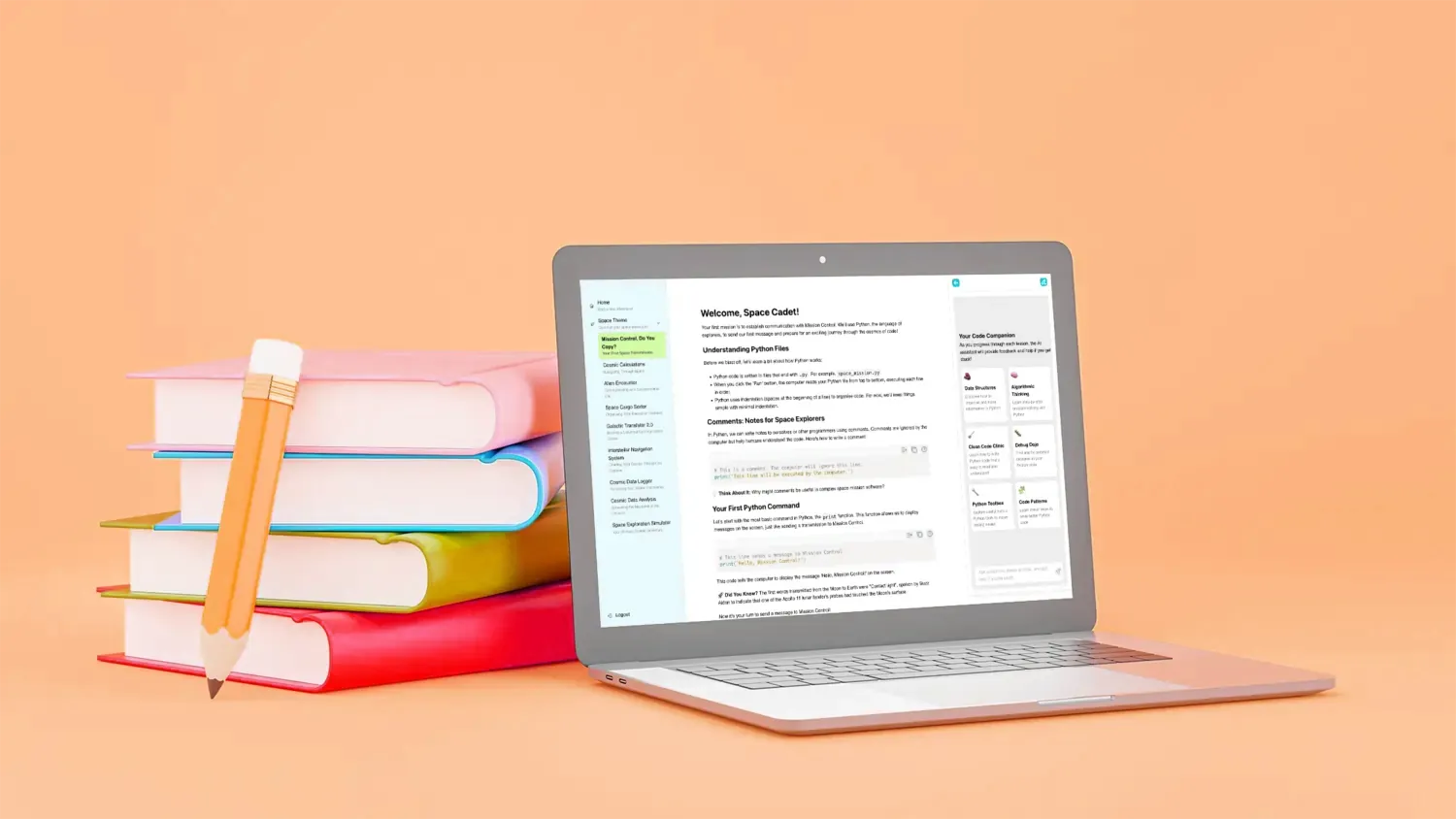 The CodeKit tutor, showing a Python lesson open beside the student’s code companion panel