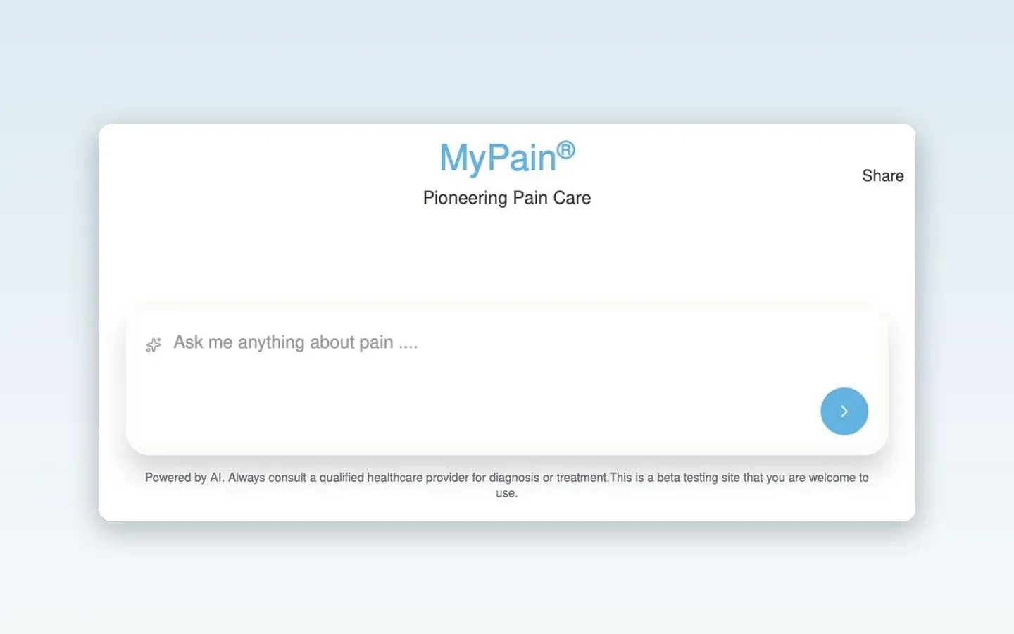 The mypain.ai homepage, stylised: the MyPain wordmark and the ask-me-anything-about-pain conversation box with its clinical safety disclaimer