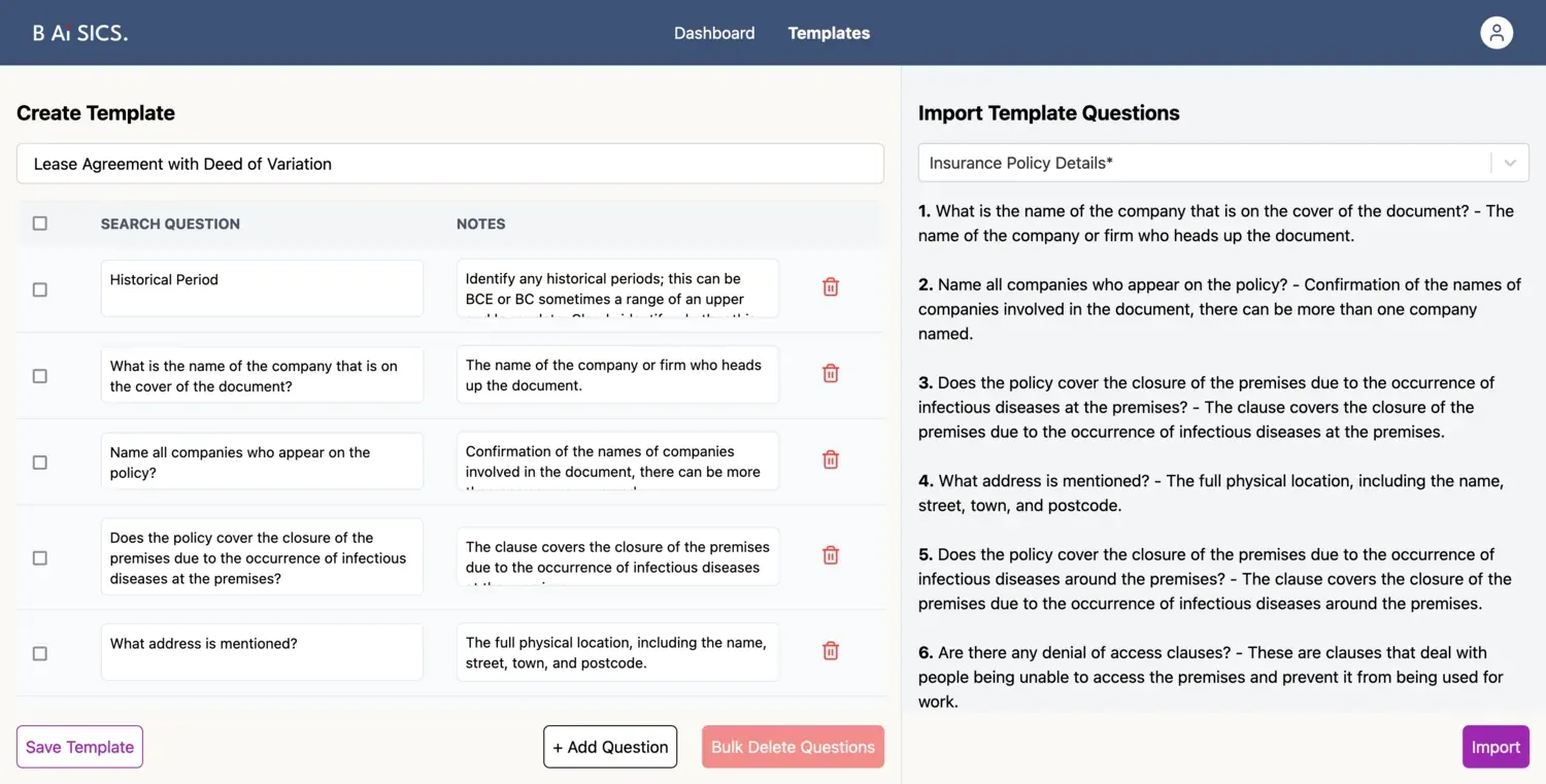 Template builder listing fields with type chips and required toggles