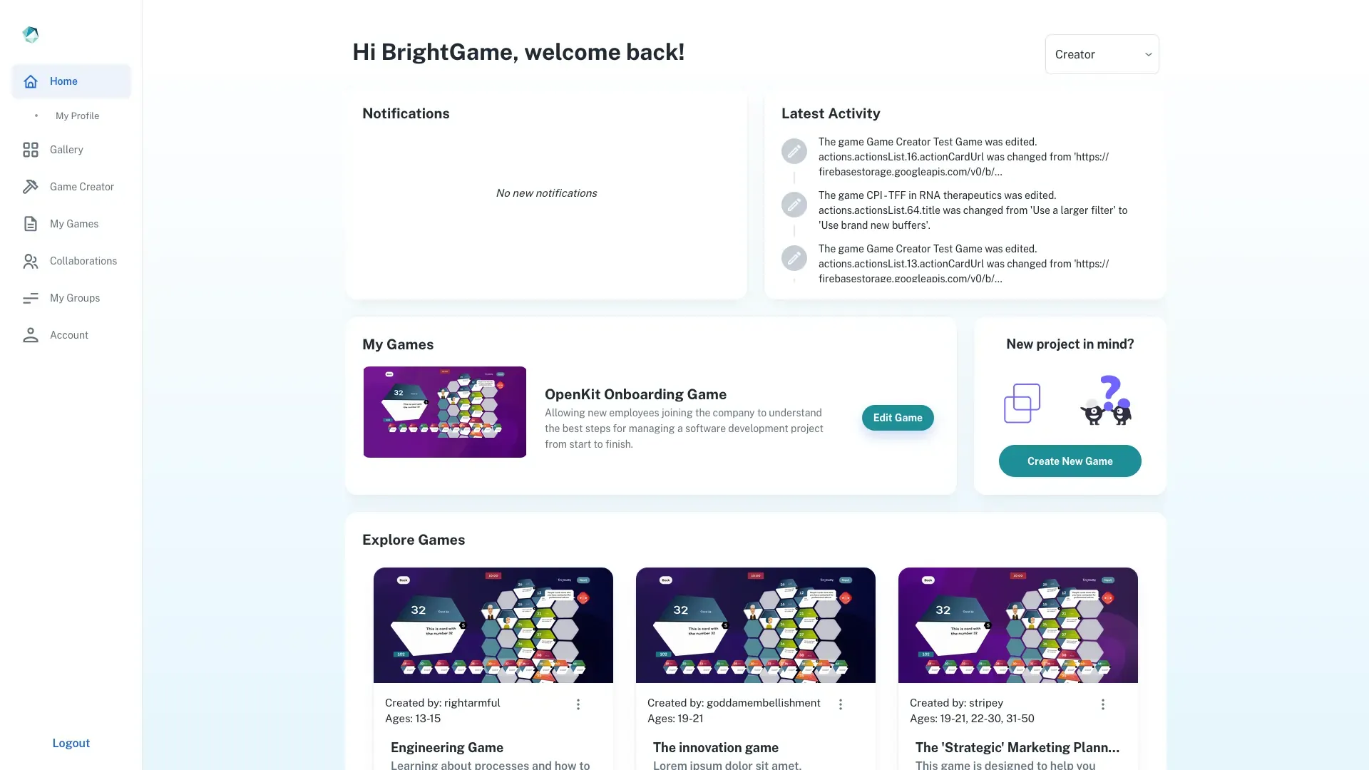 The BrightGame home screen with notifications, a feed of recent game edits and the games the account owns