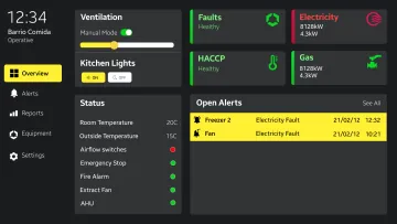 The Kioti operations dashboard: live equipment status and active alerts for a commercial kitchen