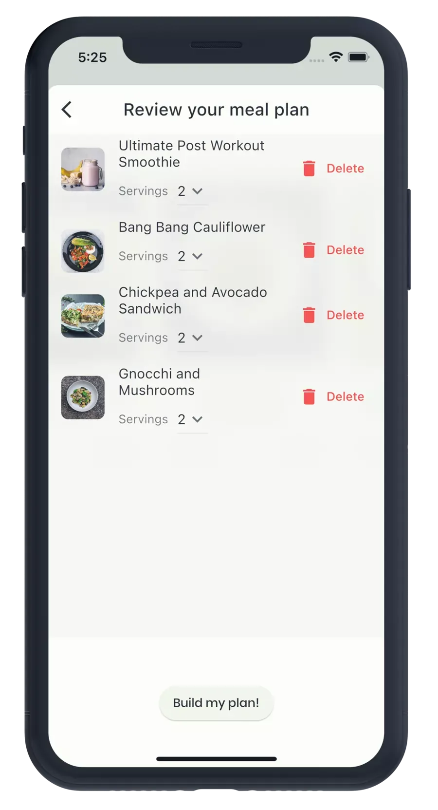 The weekly meal plan with recipes per day and the option to swap or skip