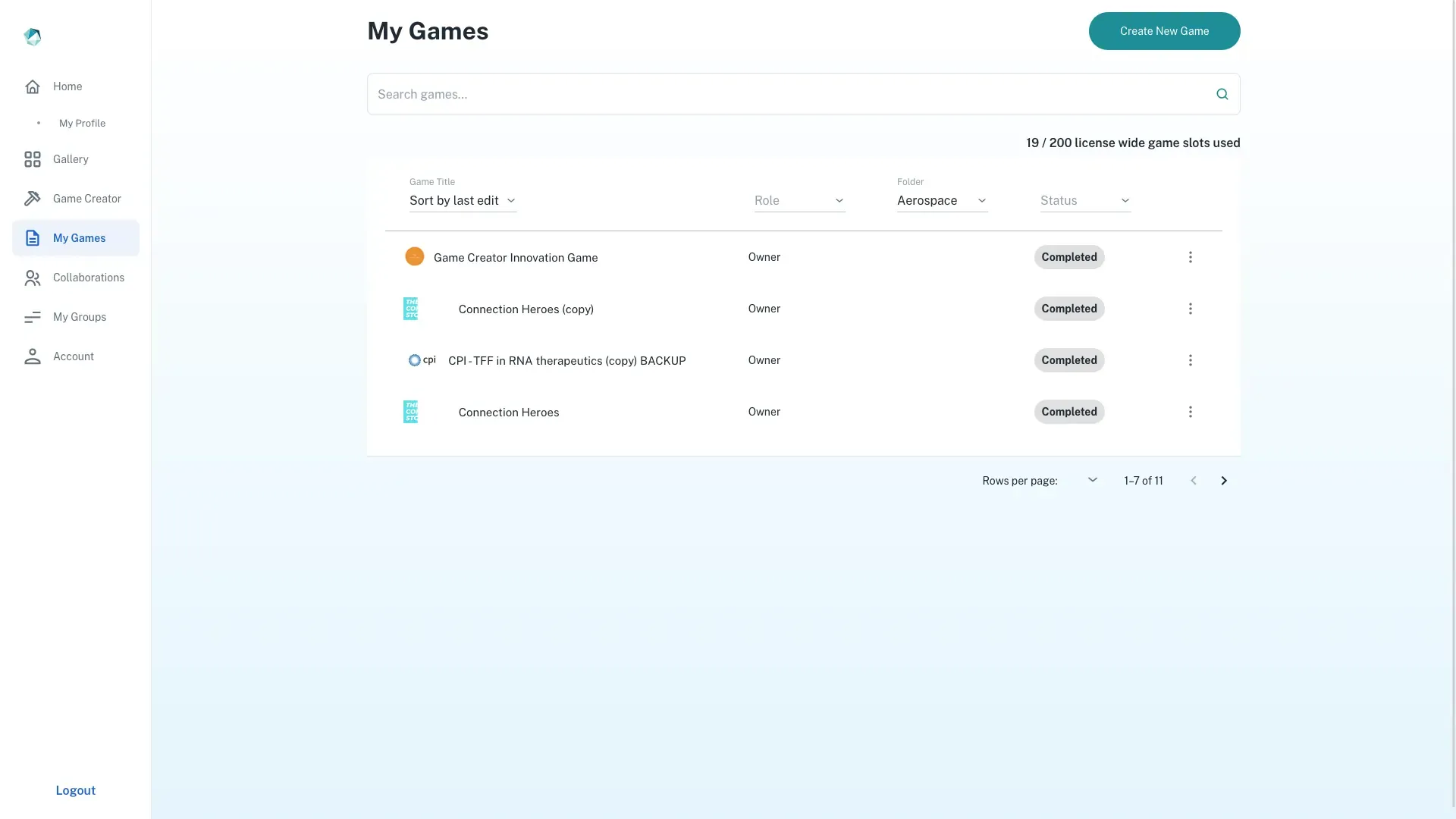 The My Games library, listing an author's saved games with their folder, role and status