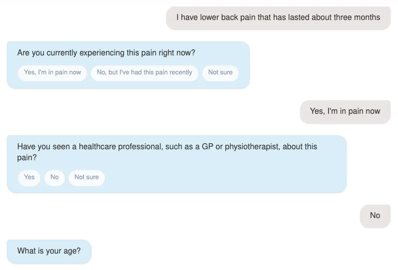 A pain assessment in progress: the patient describes three months of lower back pain and the service replies with fixed options rather than free text