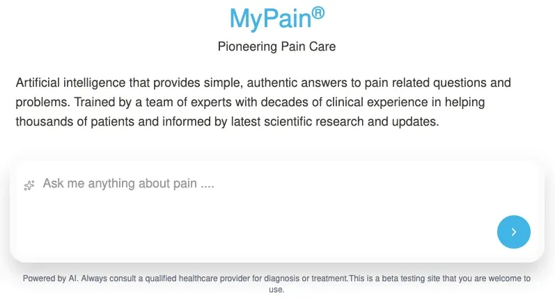 The mypain.ai entry screen: an open field reading ask me anything about pain