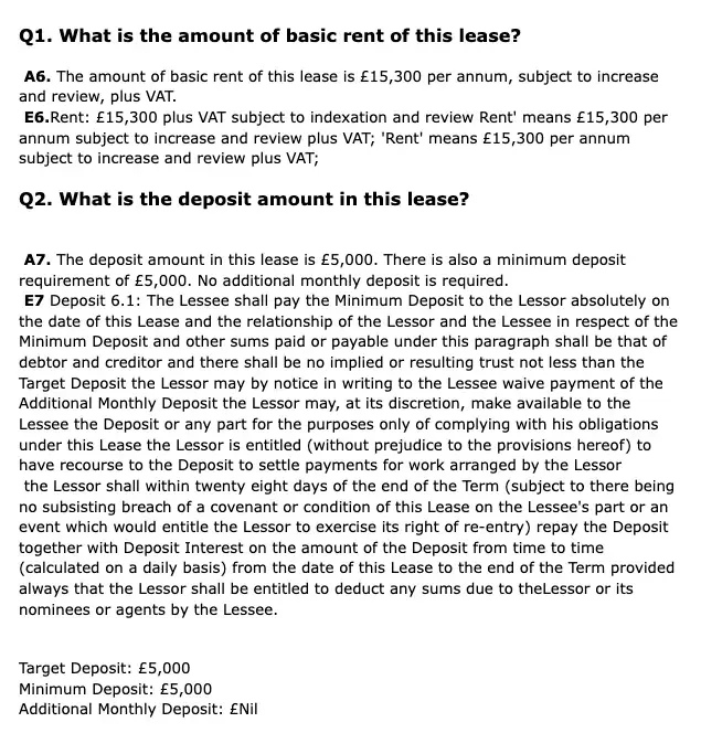 An answer from the Pubs Advisory service, each figure followed by the lease wording it was drawn from