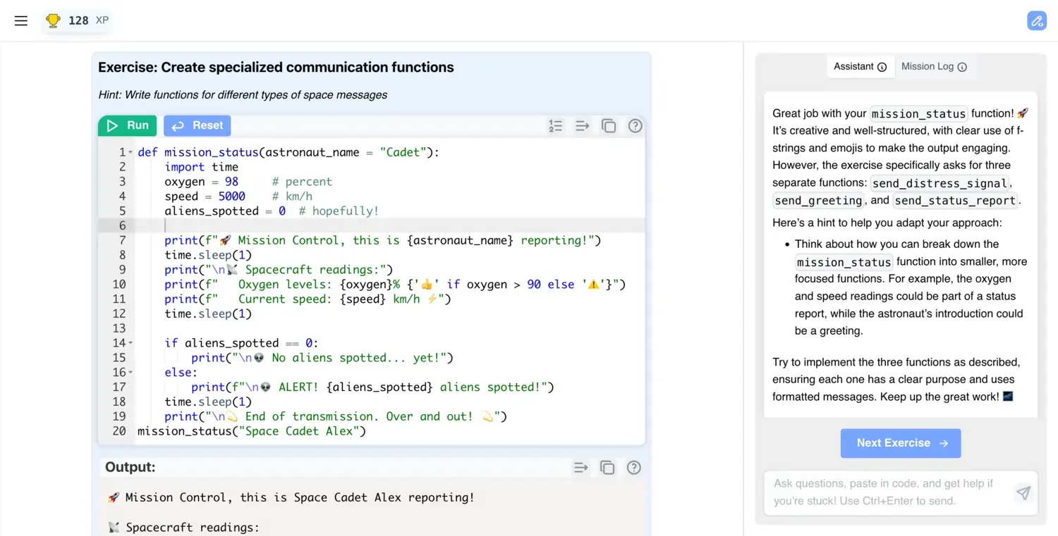 In-browser Python interface with a code editor on one side and live output on the other