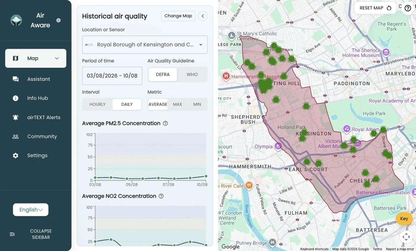 Air Aware running for the Royal Borough of Kensington and Chelsea: the borough boundary and its monitoring network on the live map