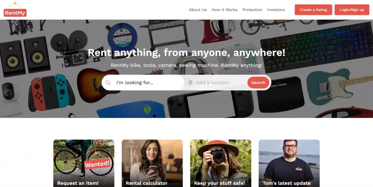 The RentMy marketplace homepage: live listings by category, a search box, and the browse experience renters landed on