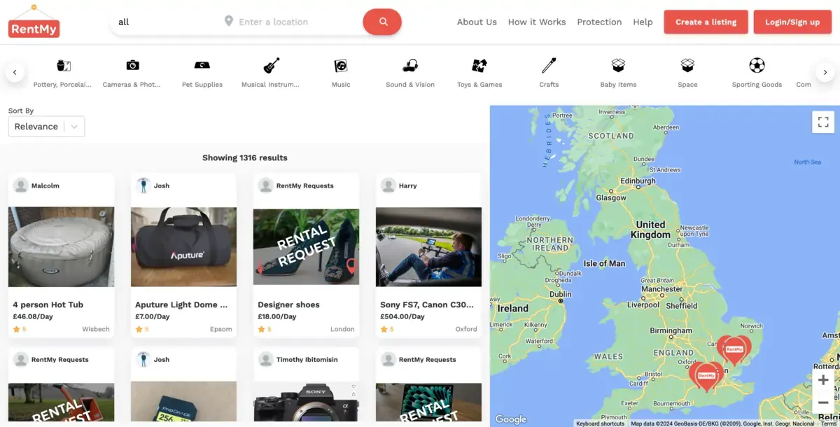 RentMy search results with filters for category, location, availability and price