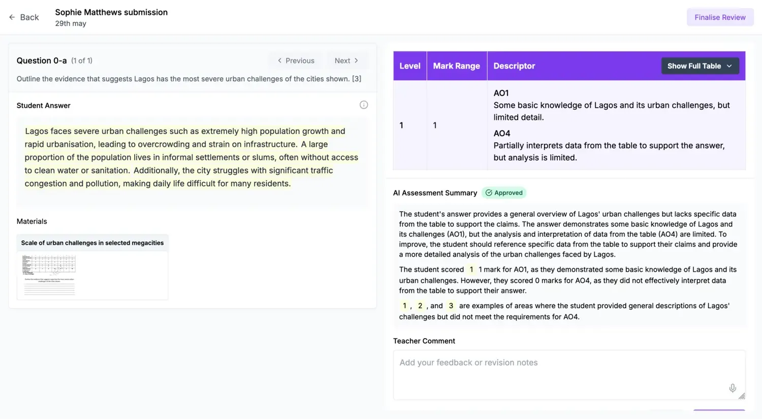 Rubrical’s marking interface showing draft feedback on a student’s geography answer.