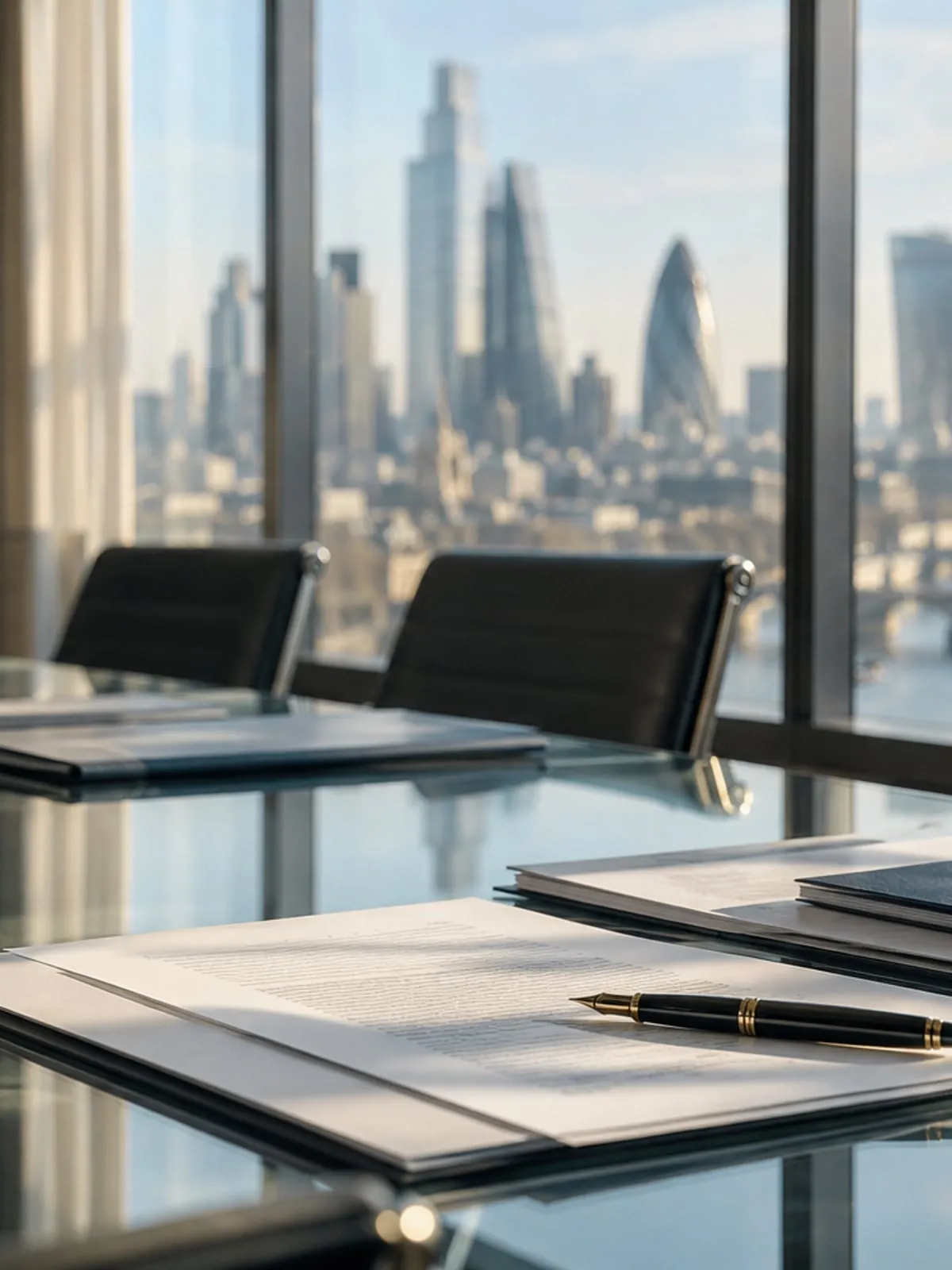 A glass boardroom table with printed documents and a fountain pen, the City of London skyline through the windows