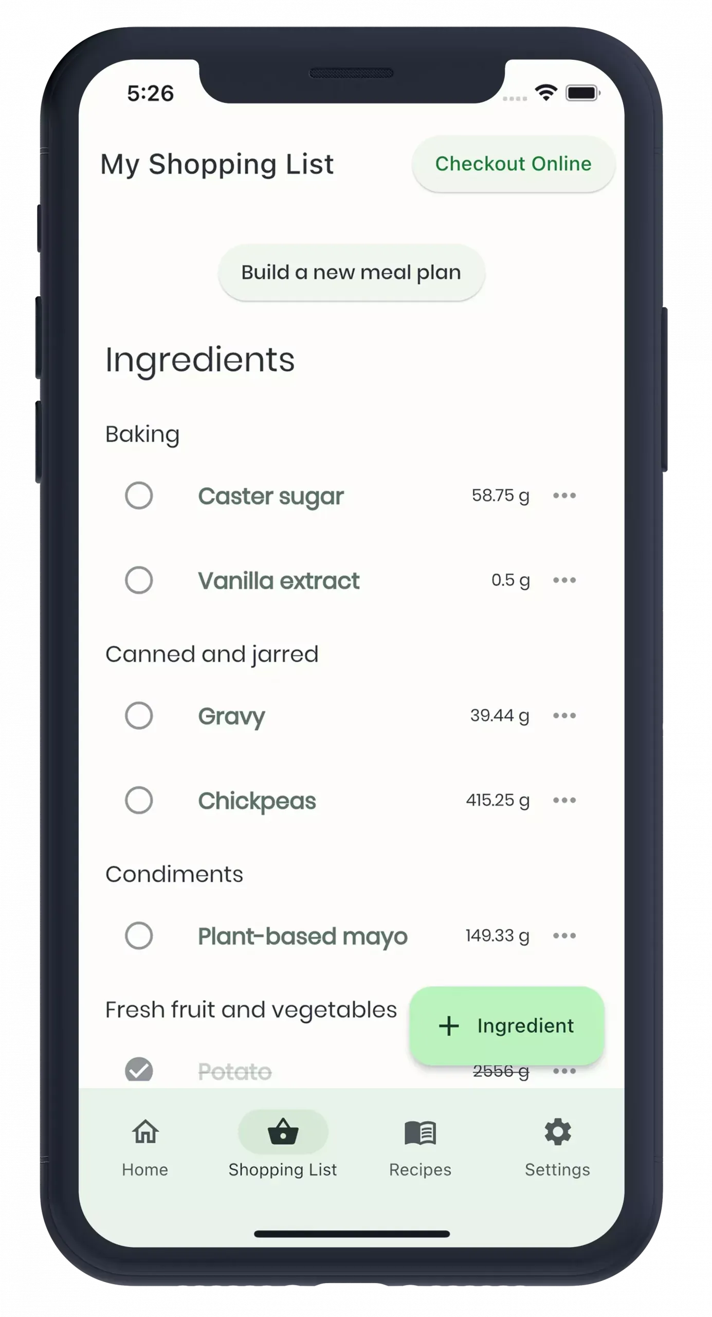 The generated shopping list, deduplicated and grouped by aisle