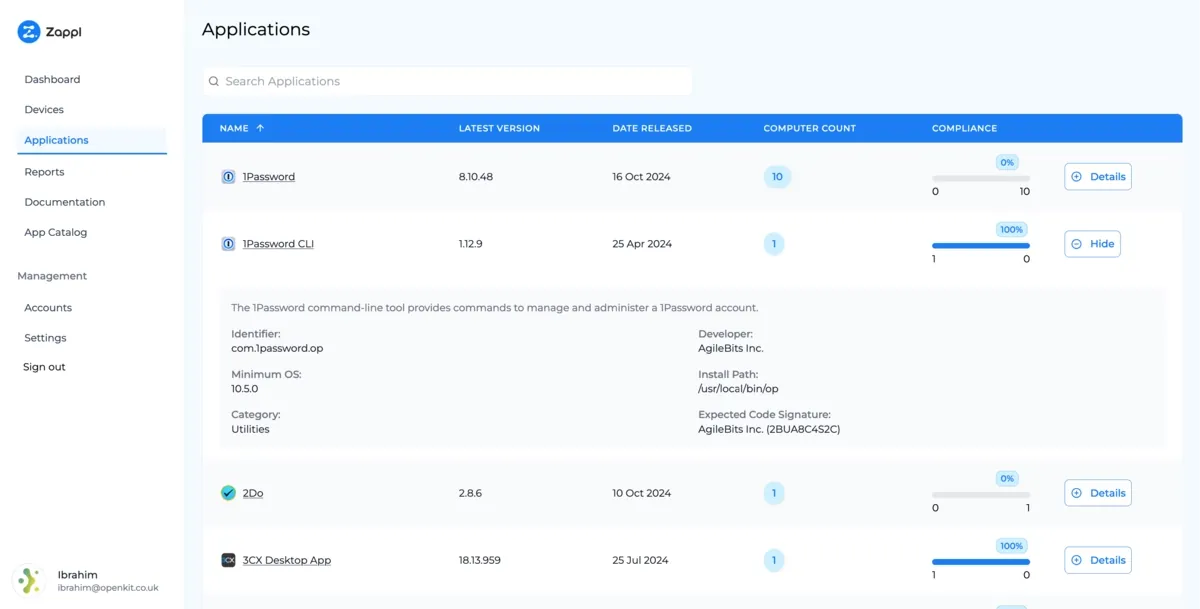 Application catalogue with version tracking and compliance detail across the estate